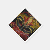 スパークルレッド&金ゴールドフェザーマスクマスカレードナプキン スタンダードカクテルナプキン (角)