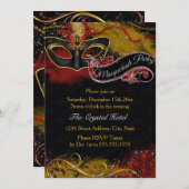 スパークルレッド&金ゴールドフェザーマスクマスカレード招待状 招待状 (正面/裏面)