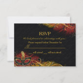 スパークルレッド&金ゴールドフェザーマスクマスカレードRSVP 招待状 (正面)