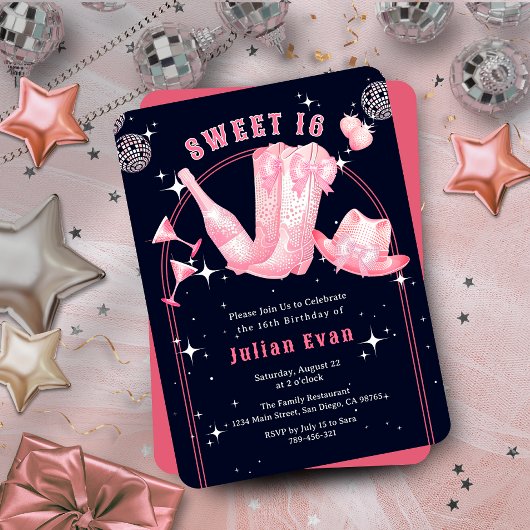 スパークル女性のカーボーイネイビーブルー&ピンクスウィート16誕生日 招待状