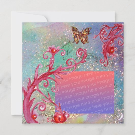 スパークル蝶ブルー結婚式写真テンプレート 招待状 (正面)