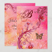 スパークル蝶 エレガント ウェディング モノグラム 招待状 (正面/裏面)