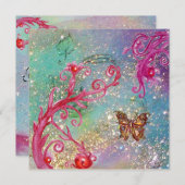 スパークル蝶 エレガント ブルー ウェディングパーティー 招待状 (正面/裏面)