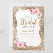スパークル金ゴールドグリッターとピンクフローラブライダルシャワー 招待状 (正面)