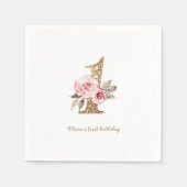 スパークル金ゴールドグリッターとピンクフローラ1歳の誕生日 スタンダードカクテルナプキン (正面)