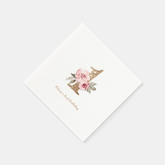 スパークル金ゴールドグリッターとピンクフローラ1歳の誕生日 スタンダードカクテルナプキン (角)