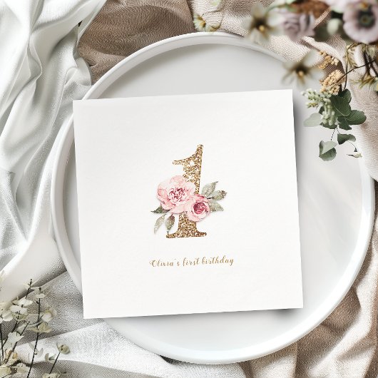 スパークル金ゴールドグリッターとピンクフローラ1歳の誕生日 スタンダードカクテルナプキン