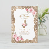 スパークル金ゴールドグリッターとピンクフローラ1歳の誕生日 招待状 (スタンド正面)