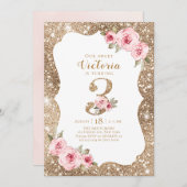 スパークル金ゴールドグリッターとピンクフローラ3歳 招待状 (正面/裏面)