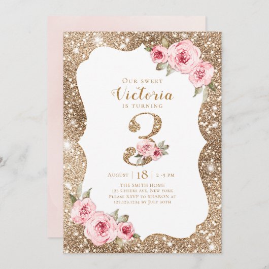 スパークル金ゴールドグリッターとピンクフローラ3歳 招待状 (正面/裏面)