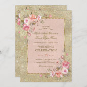 スパークル金ゴールドグリッター赤面結婚フラワーズ 招待状 (正面/裏面)