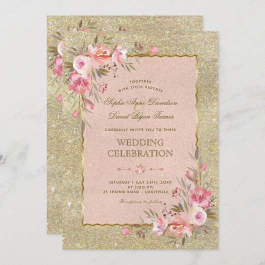 スパークル金ゴールドグリッター赤面結婚フラワーズ 招待状 (正面/裏面)