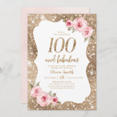 スパークル金ゴールドグリッター&ピンクフローラ100誕生日 招待状 (正面/裏面)