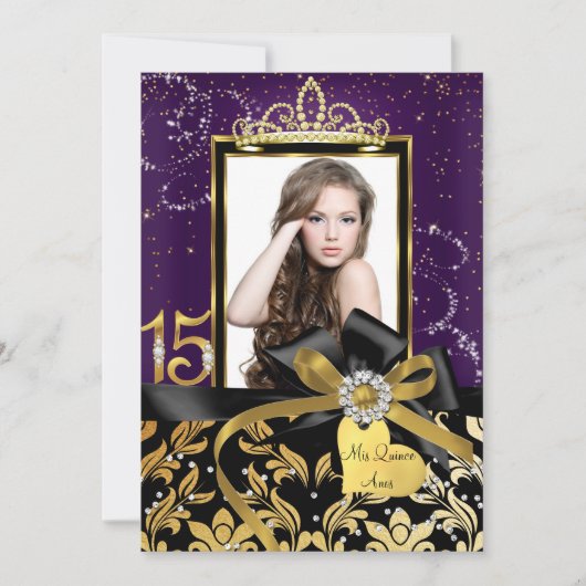 スパークル金ゴールドパープルダマスク&ボウフォトキンセアニェラ 招待状 (正面)