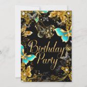 スパークル金ゴールドブラックティール（緑がかった色）バタフライバースデーパーティー2 招待状 (正面)