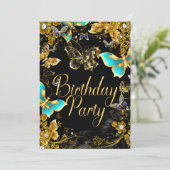 スパークル金ゴールドブラックティール（緑がかった色）バタフライバースデーパーティー2 招待状 (スタンド正面)