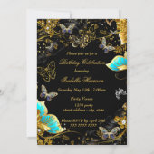 スパークル金ゴールドブラックティール（緑がかった色）バタフライバースデーパーティー2 招待状 (裏面)