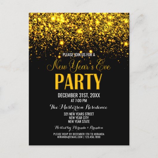 スパークル金ゴールドブラックニューイヤーズパーティの招待状 ポストカード (正面)