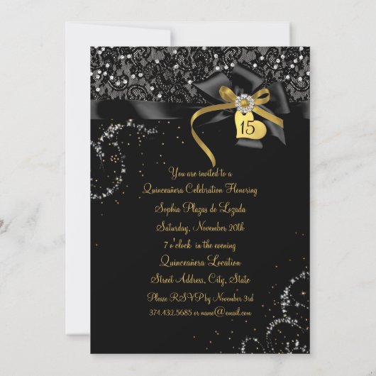 スパークル金ゴールドブラックレース&ボウフォトキンセアニェラ 招待状 (裏面)