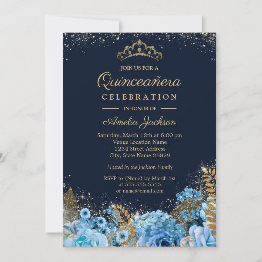 スパークル金ゴールドブルーグリッターフローラキンセアニェラ15日 招待状 (正面)