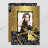 スパークル金ゴールドレース&ボウフォトキンセアニェラ 招待状 (正面/裏面)