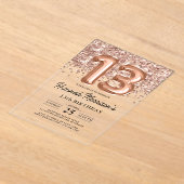 スパークル13誕生日バラ金ゴールドバルーンパーティー アクリル招待状 (レイダウン)