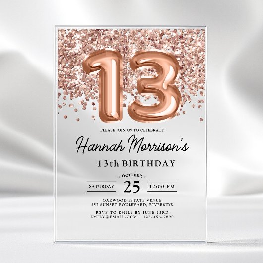 スパークル13誕生日バラ金ゴールドバルーンパーティー アクリル招待状