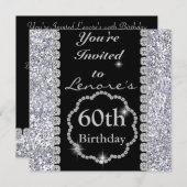 スパークル60歳誕生パーティーブラック&シルバーインビタ 招待状 (正面/裏面)