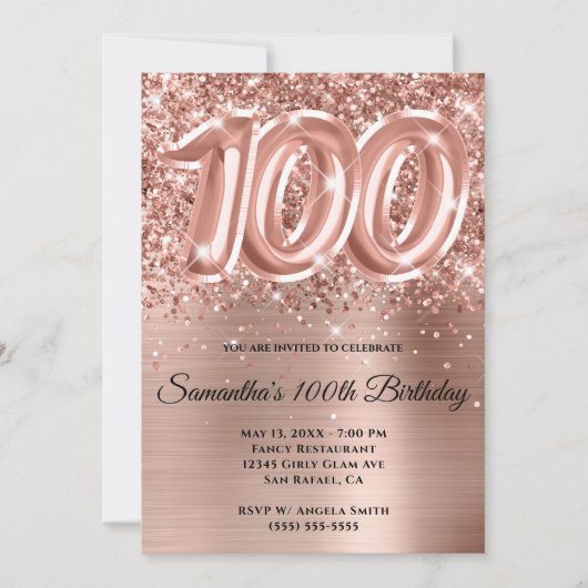 スパークル ギラギラ ローズゴールド グラム 100歳の誕生日 招待状 (正面)