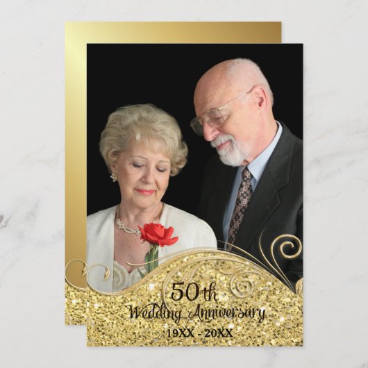スパークル ゴールド 50周年 結婚記念日 招待状 (正面/裏面)