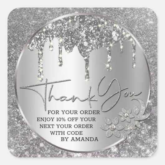 スパークル サンクスユー シルバー グリッター スクエアシール (正面)