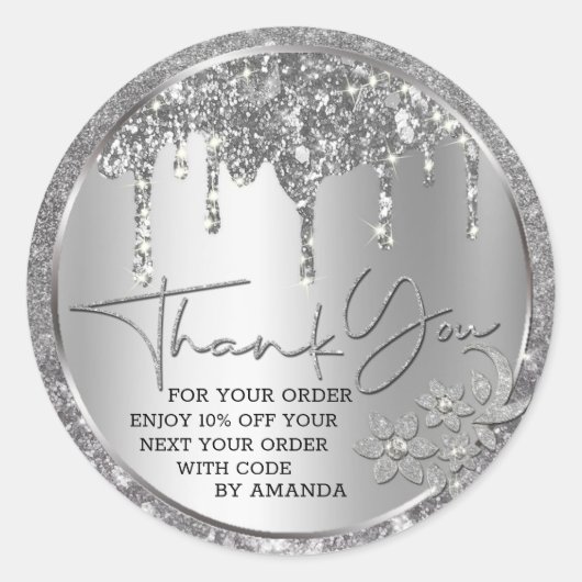 スパークル サンクスユー シルバー グリッター ラウンドシール (正面)