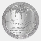 スパークル サンクスユー シルバー ドリッピング グリッター クラシック ラウンドシール (正面)