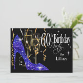 スパークル スティレット シャンパン 60歳の誕生日 青 招待状 (スタンド正面)