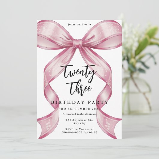 スパークル ピンク コケティー ボウ 誕生日 招待状 (スタンド正面)