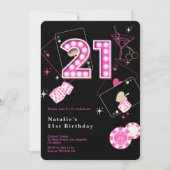 スパークル ホットピンク カジノ ダイス＆チップス 21歳の誕生日 招待状 (正面)