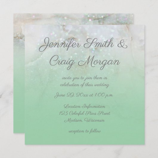 スパークル マーブル ミントグリーン オンブレ 結婚式 招待状 (正面/裏面)