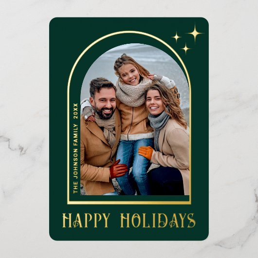 スパークル モダン クリスマス フォト グリーティング ゴールド 箔シーズンカード (正面)