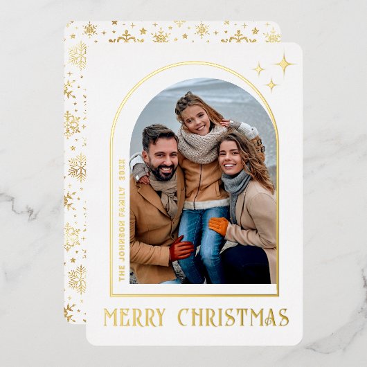 スパークル モダン クリスマス フォト グリーティング ローズゴールド 箔シーズンカード (正面/裏面)