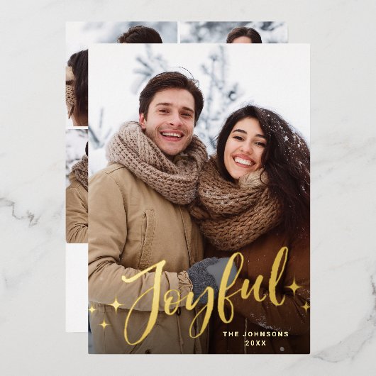 スパークル モダン クリスマス 5 フォト グリーティング ゴールド 箔シーズンカード (正面/裏面)