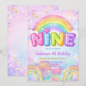 スパークル レインボー 9歳の誕生日パーティー 招待状 (正面/裏面)