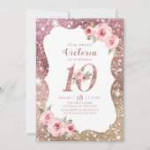 スパークル ローズゴールド グリッターとフラワーの10歳の誕生日 招待状 (正面)