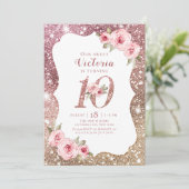 スパークル ローズゴールド グリッターとフラワーの10歳の誕生日 招待状 (スタンド正面)
