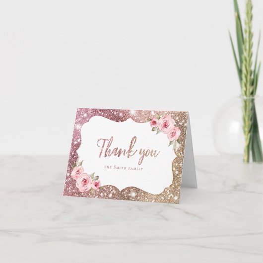 スパークル ローズゴールド グリッターとフラワーの「ありがとう」 サンキューカード (正面)