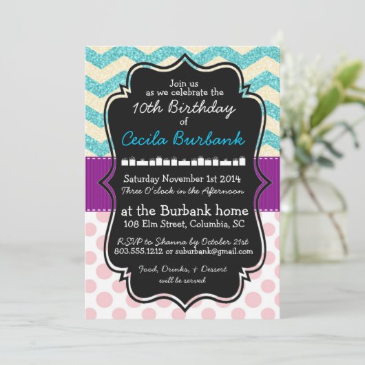 スパークル&水玉模様誕生日招待状 招待状 (スタンド正面)