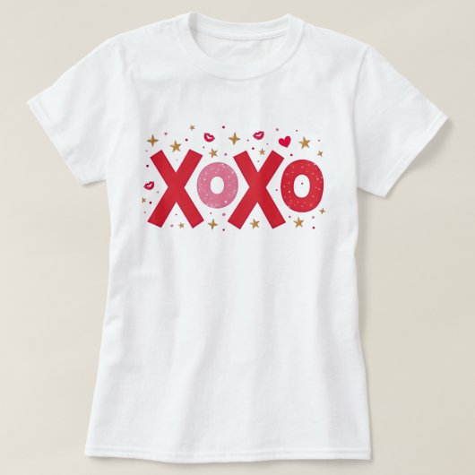 スパークルXOXO愛タイポグラフィハート星に白 Tシャツ (デザイン正面)
