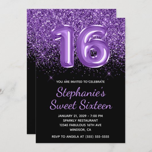 スパーク王室のリーパープルグリッターブラックナンバー16 招待状 (正面/裏面)