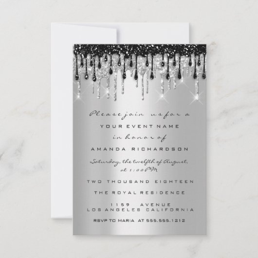 スパーク グリッター シルバー ブラック ドリップ ブライダル スイート 16  招待状 (正面)