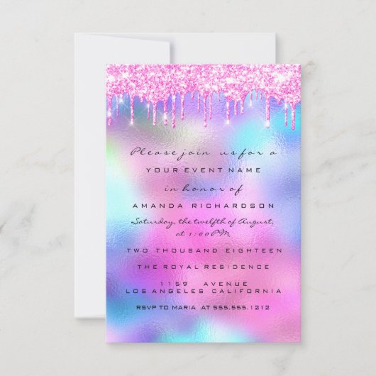 スパーク グリッター ドリップス ピンク ドリップス ブライダル スイート 16 招待状 (正面)