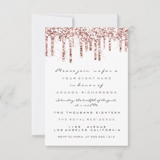 スパーク グリッター ドリップ ローズ ホワイト ブライダル スイート 16 招待状 (正面)
